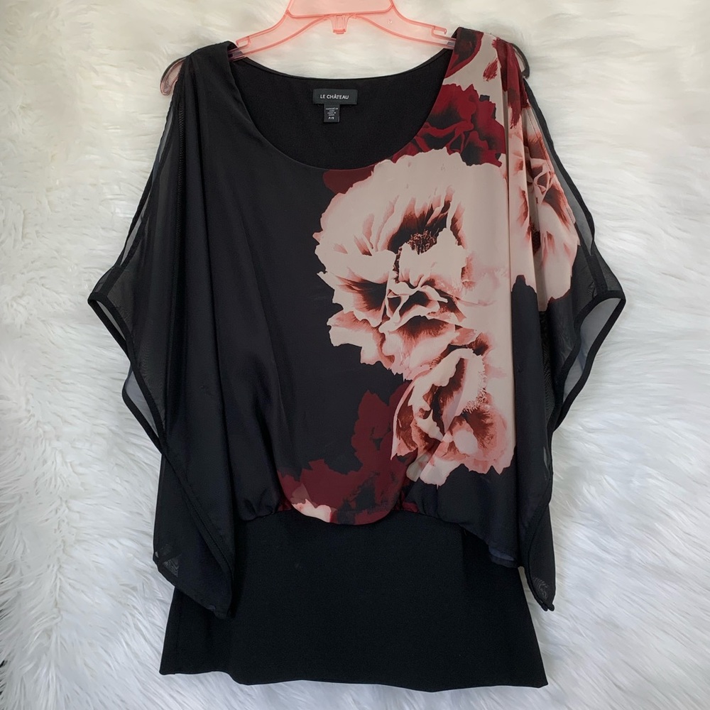 Le Château Cold Shoulder Blouse Sheer Top Layer and Floral Image Small